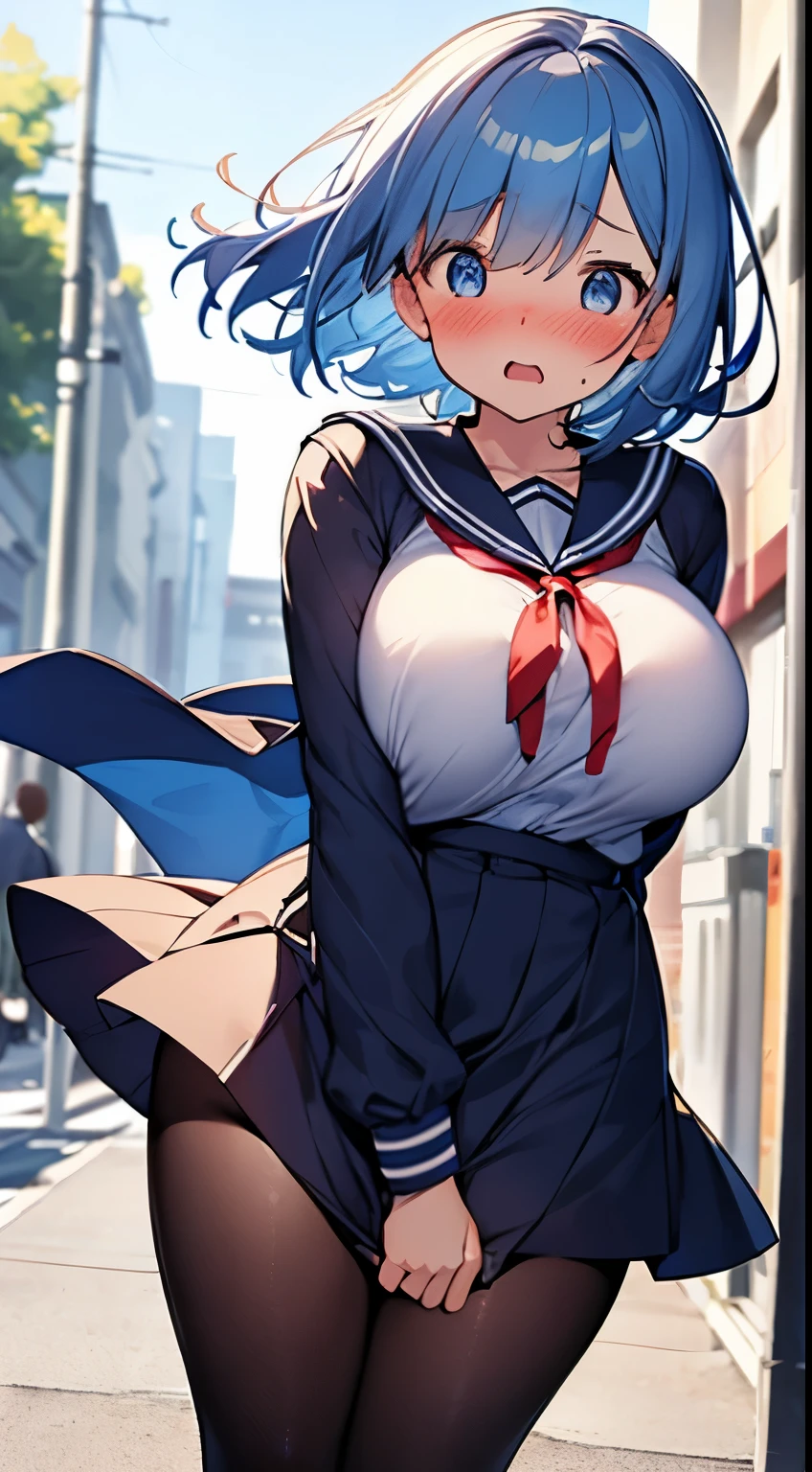 (​masterpiece、Highly detailed 8K CG、Sharp lines)、hi-school girl、blue hairs、cute little、serafuku、White underwear and dark blue skirt、skirt rift、panties on、skinny  body、Thin leg、thighs thighs thighs thighs、Sexy poses showing anime style、Beautiful anime schoolgirl、A seductive anime girl、Smooth Anime CG Art、Beautiful anime girl、Beautiful anime girl、Long-sleeved sailor suit、Wearing a cardigan、Navy blue pleated mini skirt、autumnal、Colored leaves、Curve、No bra、(Lifting skirt、White lace panties visible:1.2)、thighs thighs thighs thighs、(Navel Ejection:0.4)、Dynamic Pose Beautiful and perfect legs, Clean and perfect hands、Straight short hair、One eye is hidden by bangs、Black pantyhose、Wear black stockings、White panties showing through black stockings、(Clearly visible detailed female pubic shape: 1.4)、very Bigger breasts、Colossal tits、Exposing all your boobs、Delicate body、Height 150cm、Thin leg、mournful smile、Panties that are wet、Clear liquid with high viscosity dripping from the pubic area、Pink hairpin