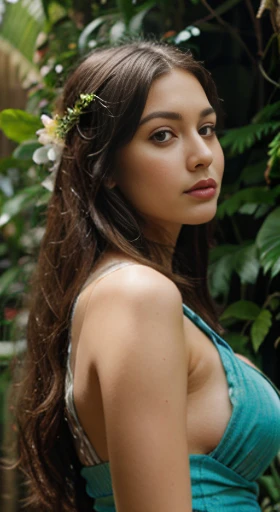 (best quality,ultra-detailed,photorealistic),young woman,beautiful eyes,detailed lips,pensive expression, soft lighting,vibrant colors, long flowing hair, stylish christmas outfit, jungle background,colorful flowers,natural sunlight,serene atmosphere, hourglass figure, 4k details, crying face, full body pose