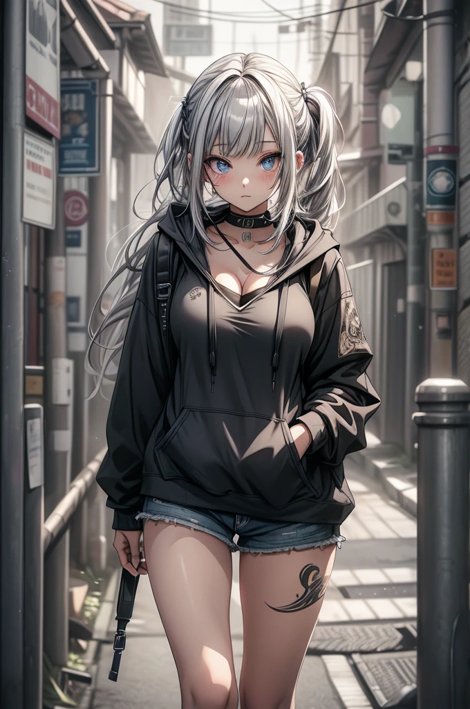 （Enrich the picture，Masterpiece level quality）Beautiful 8K CG artwork,1girl,solo,detailed face, perfect face, perfect eyes,blue eyes,Long Hair, pony tail,Very long hair,grey hair,chuckle,Slim and soft,big breasts,cleavage,Black Bikini,denim short shorts,oversized white hoodie,hands in pocket,combat boots,