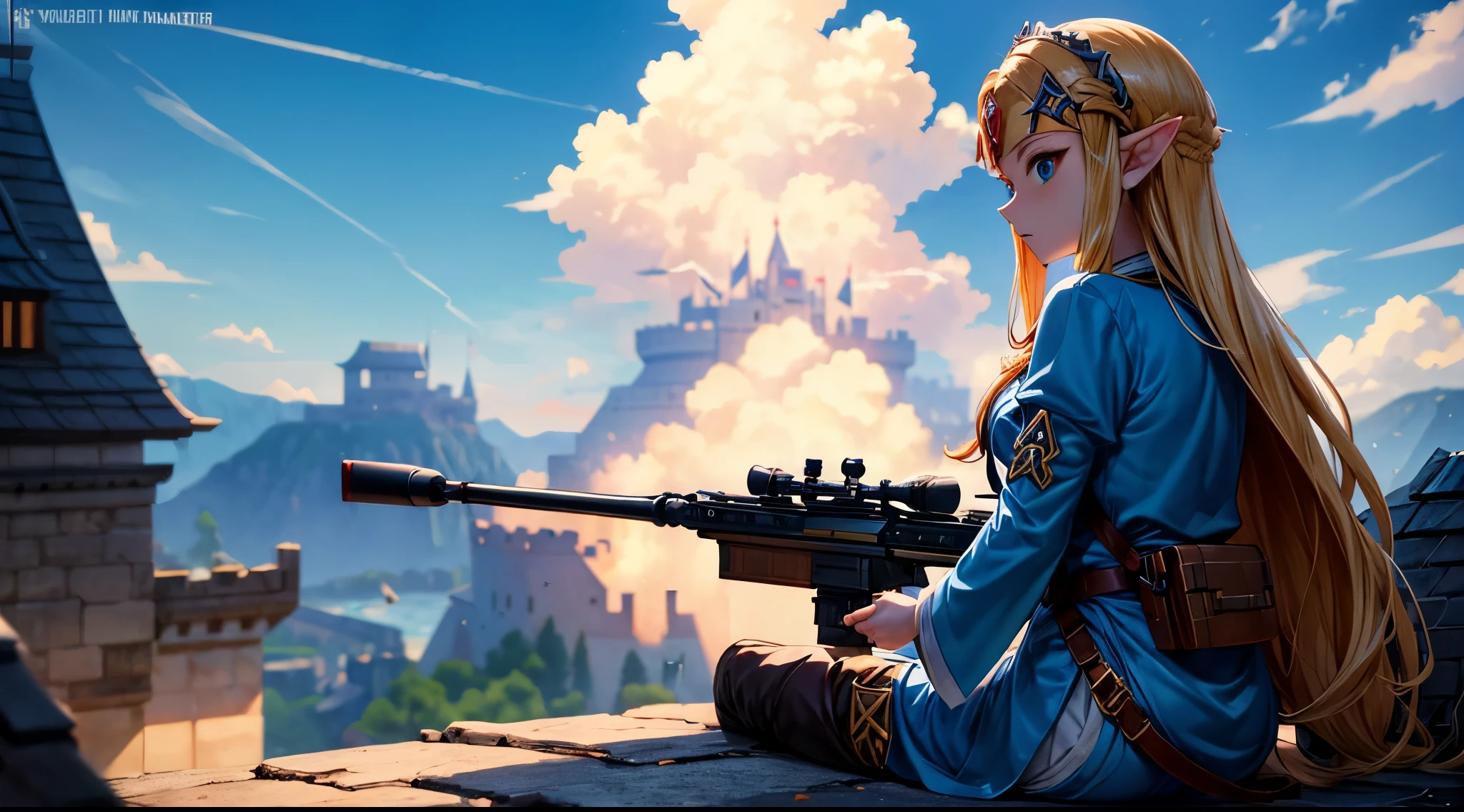 masutepiece, Best Quality,Princess Zelda is shooting with a sniper rifle on the roof of the castle.Creeping、shooting、
Super detailed sniper rifle