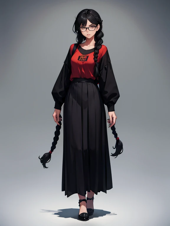 (((full body standing))),black hair, double braid, glasses, extremely shy, simple clothes, long skirt,