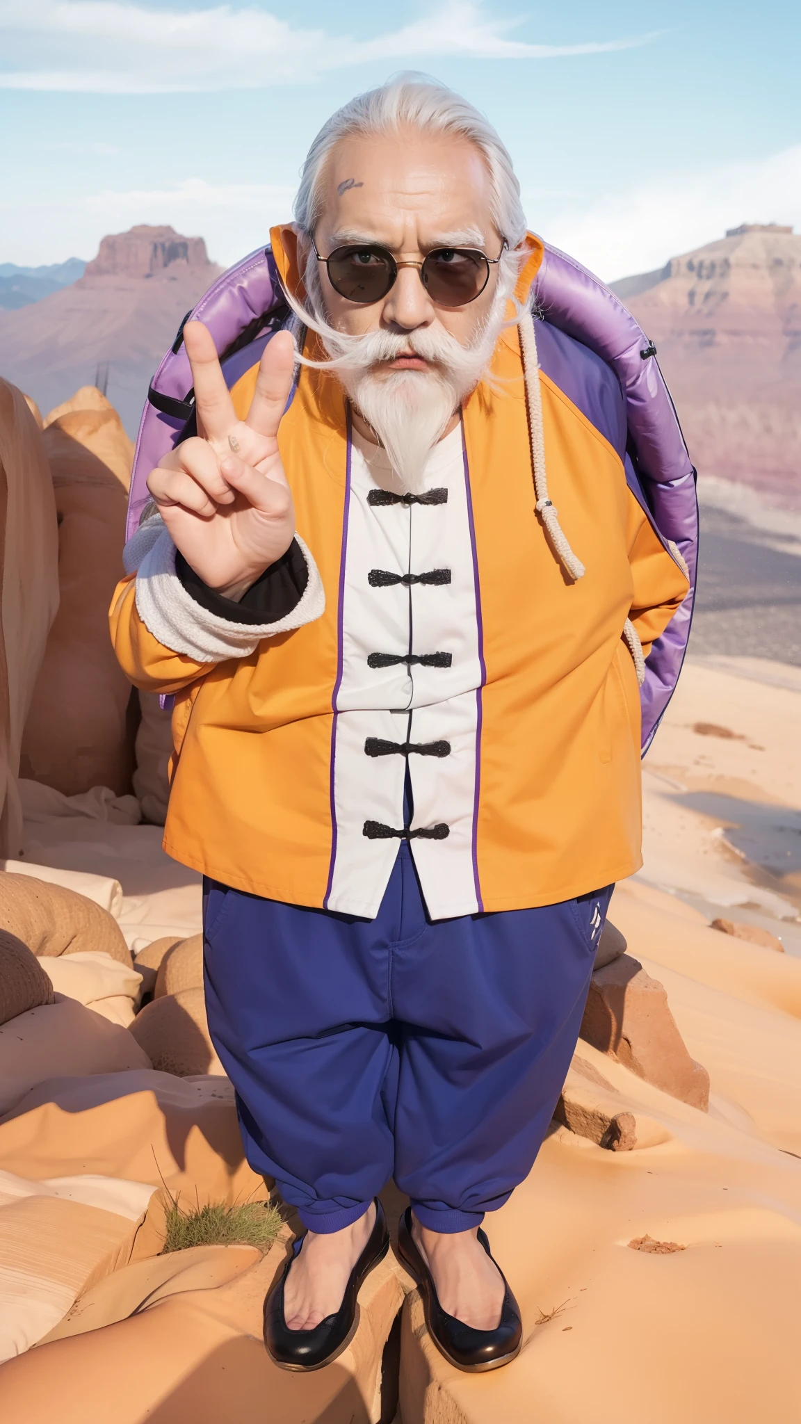 A real life adaptation of this character, his name is Master Roshi (dressed in a bright orange shirt with white vertical stripes on the front, purple long sleeves, and a realistic purple vest), baggy dark blue pants and simple black shoes, mouth closed, looking at towards the audience, He wears thick-framed black glasses with green and red lenses and He has a long white beard and mustache that covers most of his mouth, he shows a “V” gesture or peace/victory sign with his right hand. ,realistic eye details, realistic clothes, realistic backgrounds, from Japanese animation, realistic faces, realistic clothes, realistic light, realistic shadows, realistic backgrounds, (photorealistic: 1.2), realistic hands