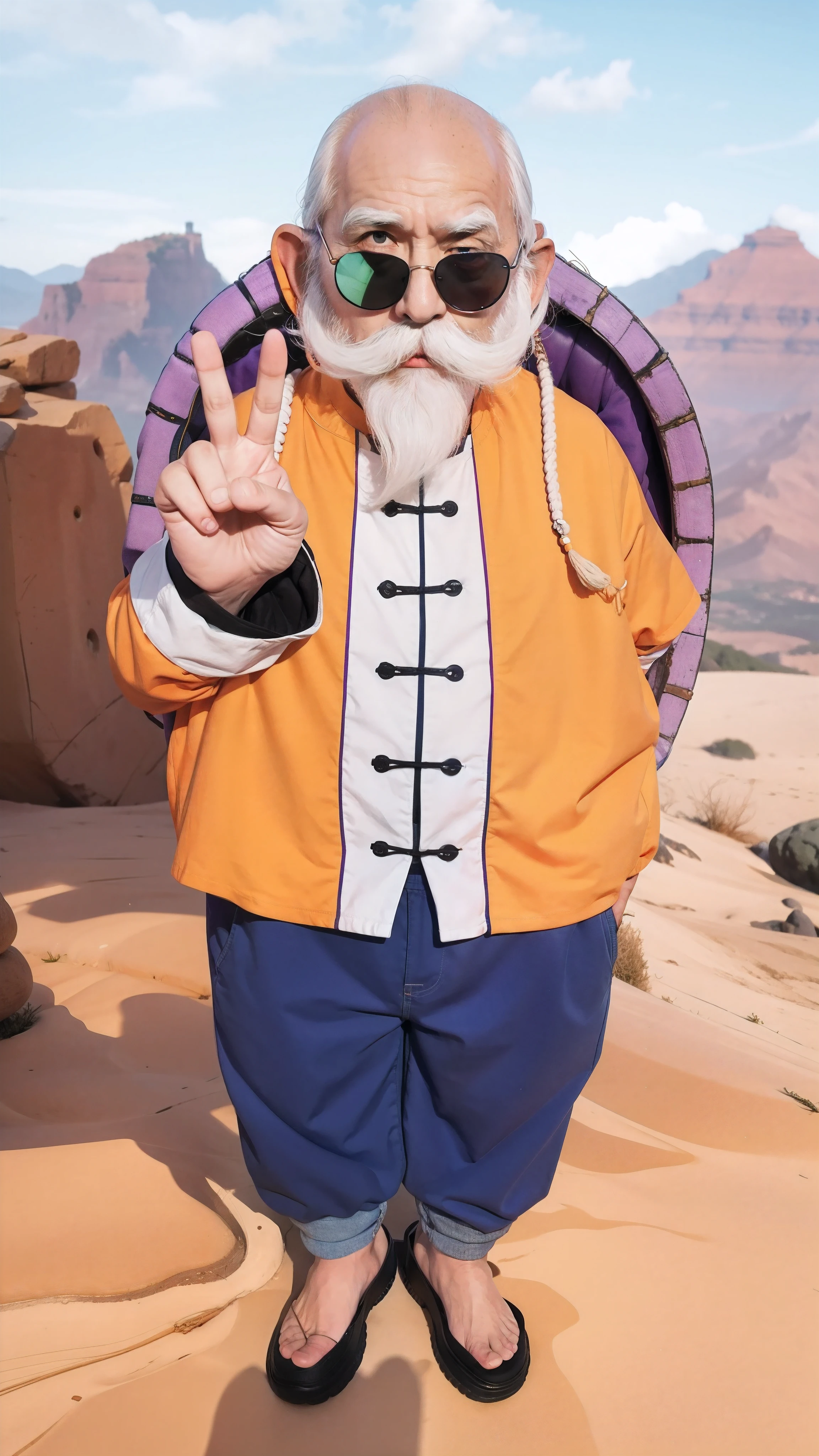 A real life adaptation of this character, his name is Master Roshi (dressed in a bright orange shirt with white vertical stripes on the front, purple long sleeves, and a realistic purple vest), baggy dark blue pants and simple black shoes, mouth closed, looking at towards the audience, He wears thick-framed black glasses with green and red lenses and He has a long white beard and mustache that covers most of his mouth, he shows a “V” gesture or peace/victory sign with his right hand. ,realistic eye details, realistic clothes, realistic backgrounds, from Japanese animation, realistic faces, realistic clothes, realistic light, realistic shadows, realistic backgrounds, (photorealistic: 1.2), realistic hands