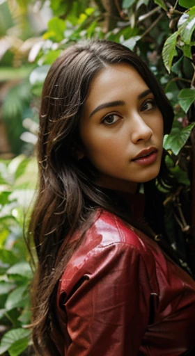 (best quality,ultra-detailed,photorealistic),young woman,beautiful eyes,detailed lips,pensive expression,soft lighting,vibrant colors,,long flowing hair,stylish red outfit, jungle background,colorful flowers,natural sunlight,serene atmosphere, natural round breasts, hourglass figure, 4k details,