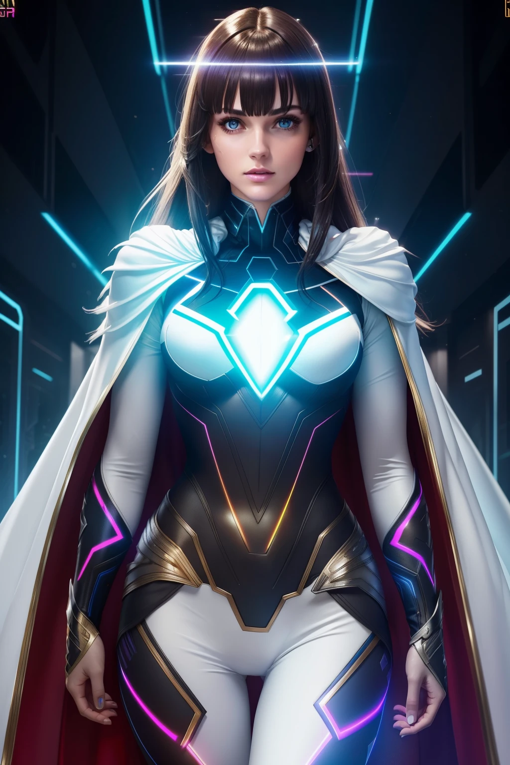 Bust to waist ((perfect face)) perfect skin, hyperrealistic masterpiece, Superheroine european girl ((fringe glowing colorful)) in extremely complex & superdetailed tight plugsuit ((with white cape)), cinematic illumination: 8k, (((Dark aesthetic style::1)))