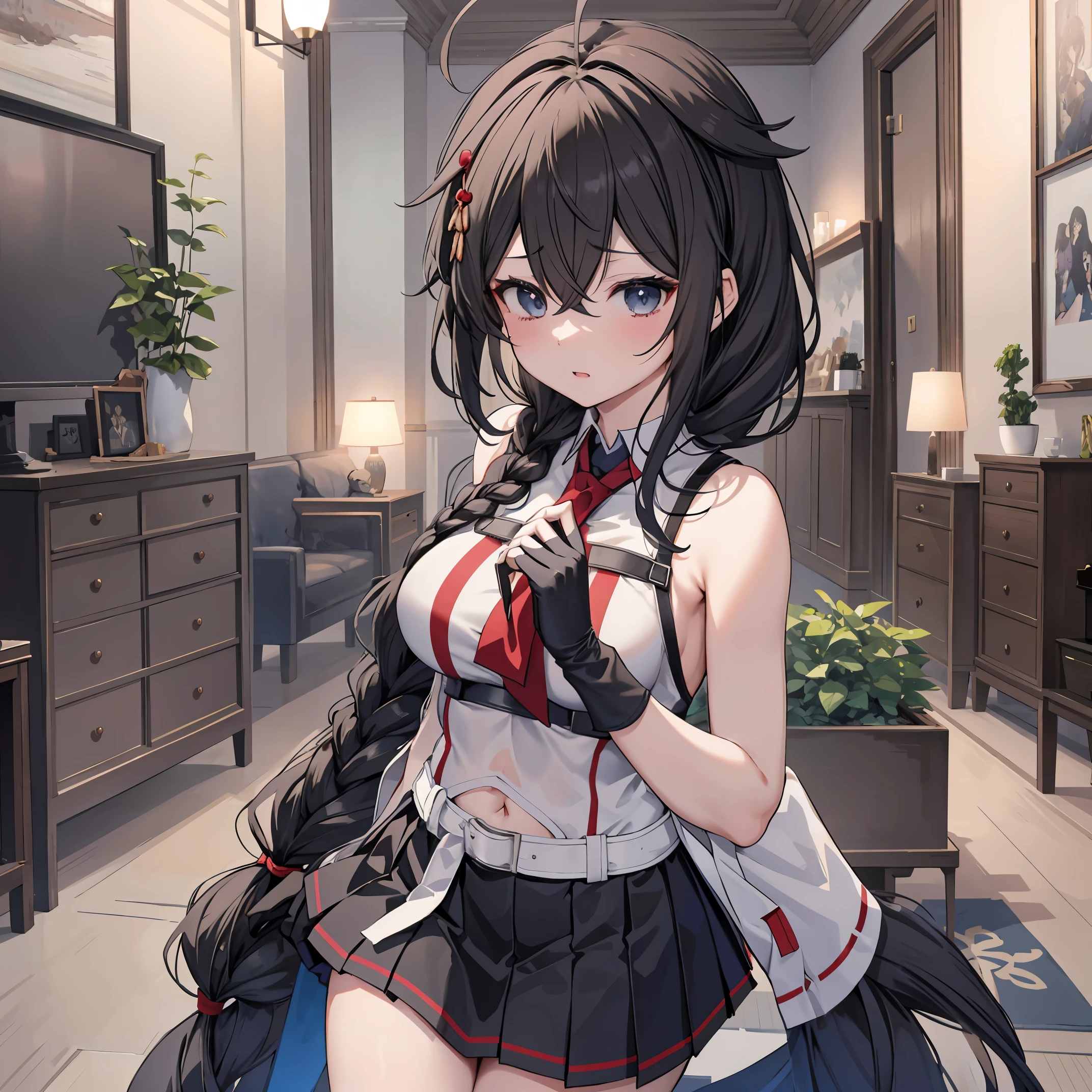 Shigure Kai 3 KanColle Sleeveless Black Thimble Gloves Black Skirt Braid 8K High Resolution Very Fine Eyes Very Fine Face、Insanely detailed body、Extremely fine skin, very elaborate hair ornament, Precisely shaped body and hands 1 person Living room in a private house 妖艶な表情 big bust