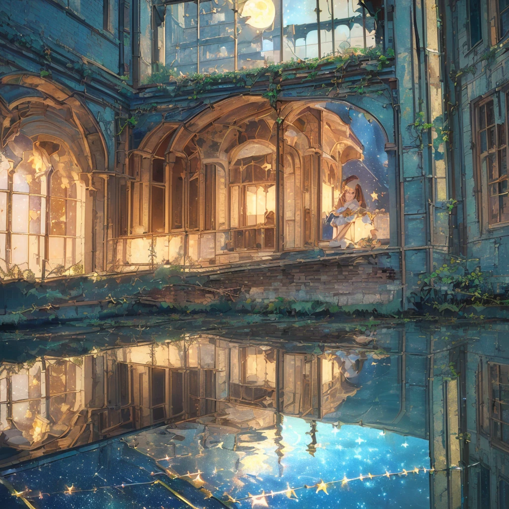 (((best, highest quality)) (((( masterpiece))), (((highest quality))), (((super detailed))), (very delicate and beautiful)), girl looking up at the sky, light like in a movie, (((water pooling in an old building and reflecting starry sky))), Milky Way, (rusty sign)), ruins, hanging ivy, summer, moon, wind