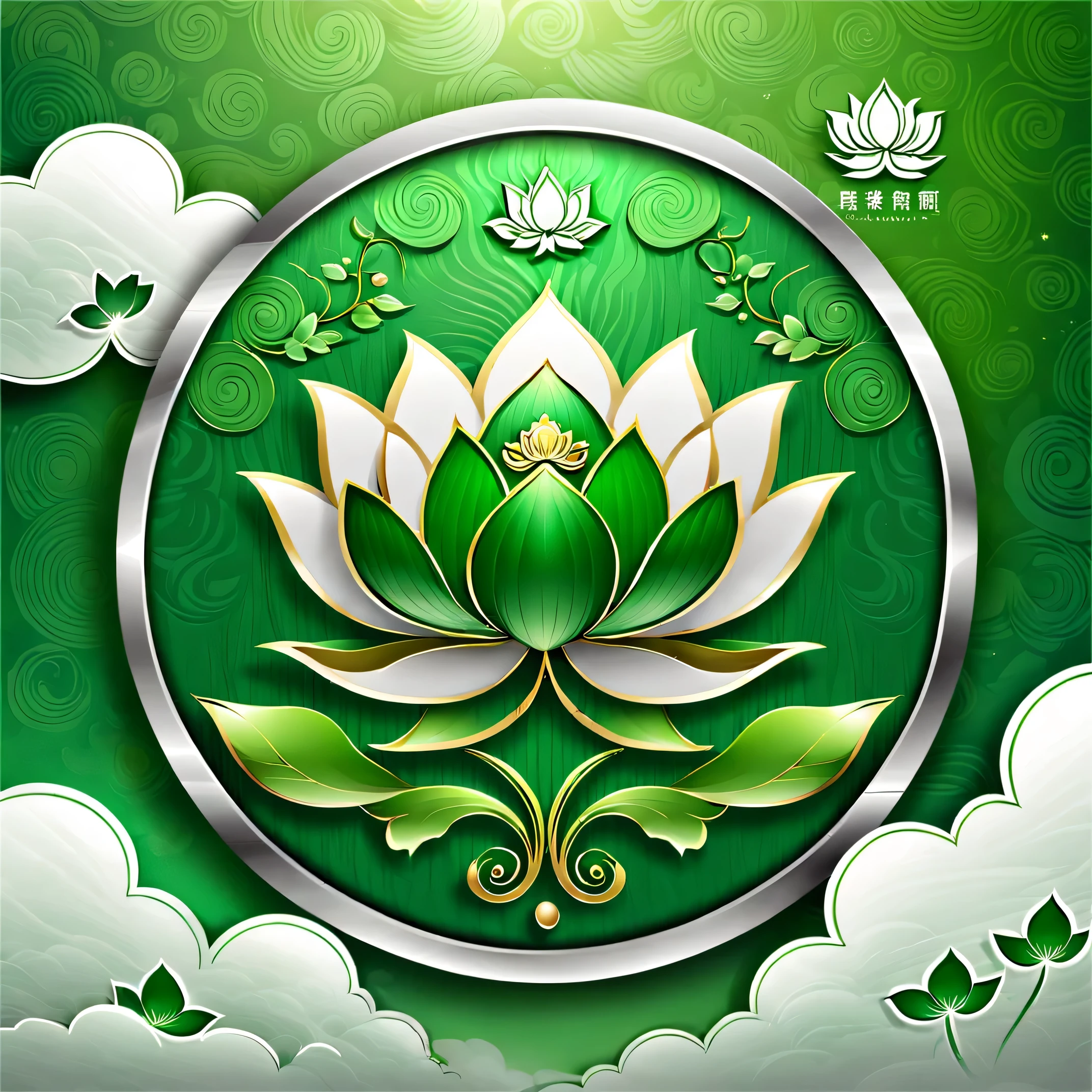 ( Logo design_1.5),metal texture logo, Green auspicious cloud background,Modern minimalist style,(An auspicious cloud+green lotus logo:1.5),Lotus bordered with white,create subtle, morden style,Graphic design,(Vector flags:1.3),