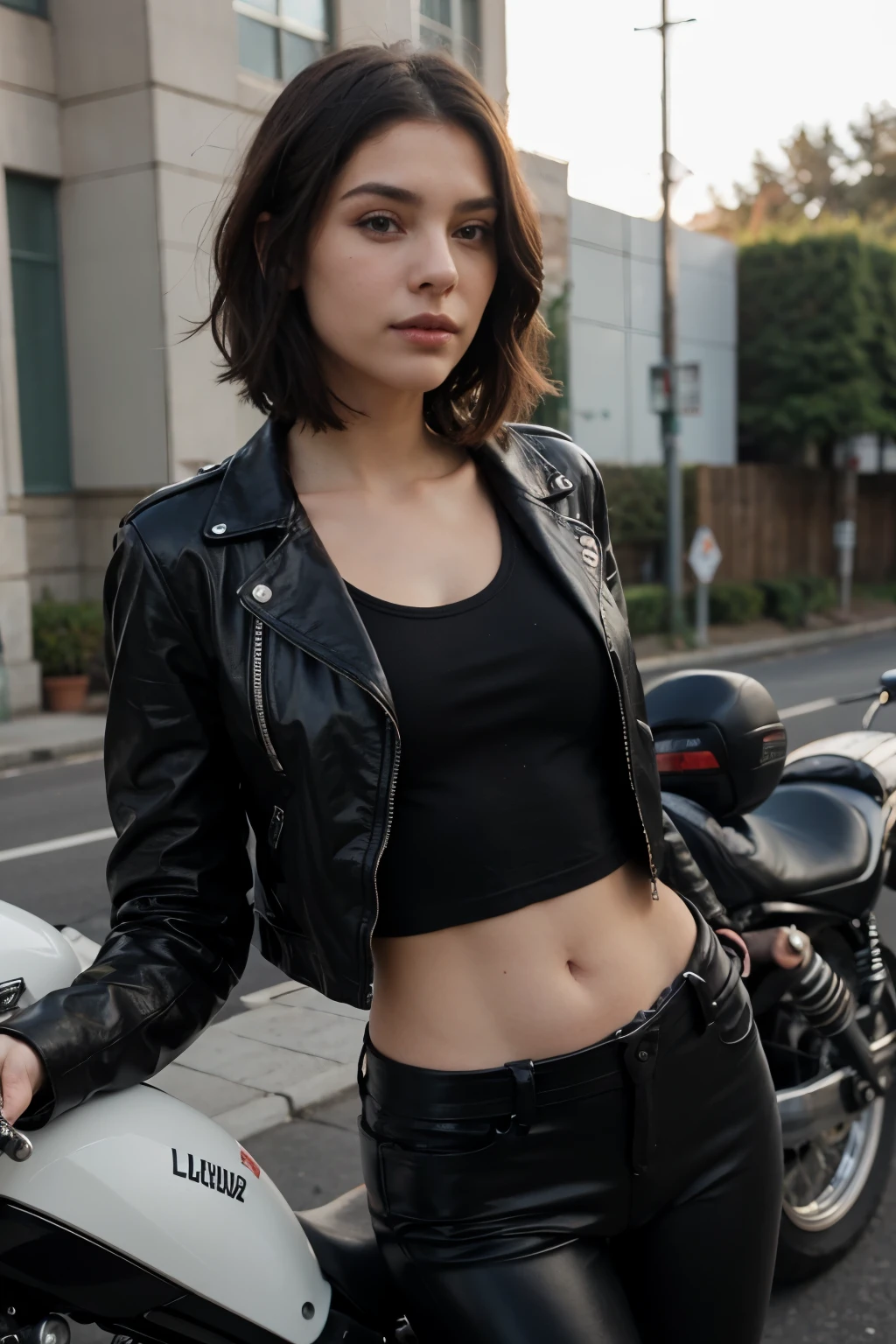 Beautiful girl with short black men's hair, black thin leather jacket over black t-shirt, black tight leather pants, leaning on a black motorcycle, great lighting, sunlight shining on her face during the day, with make up