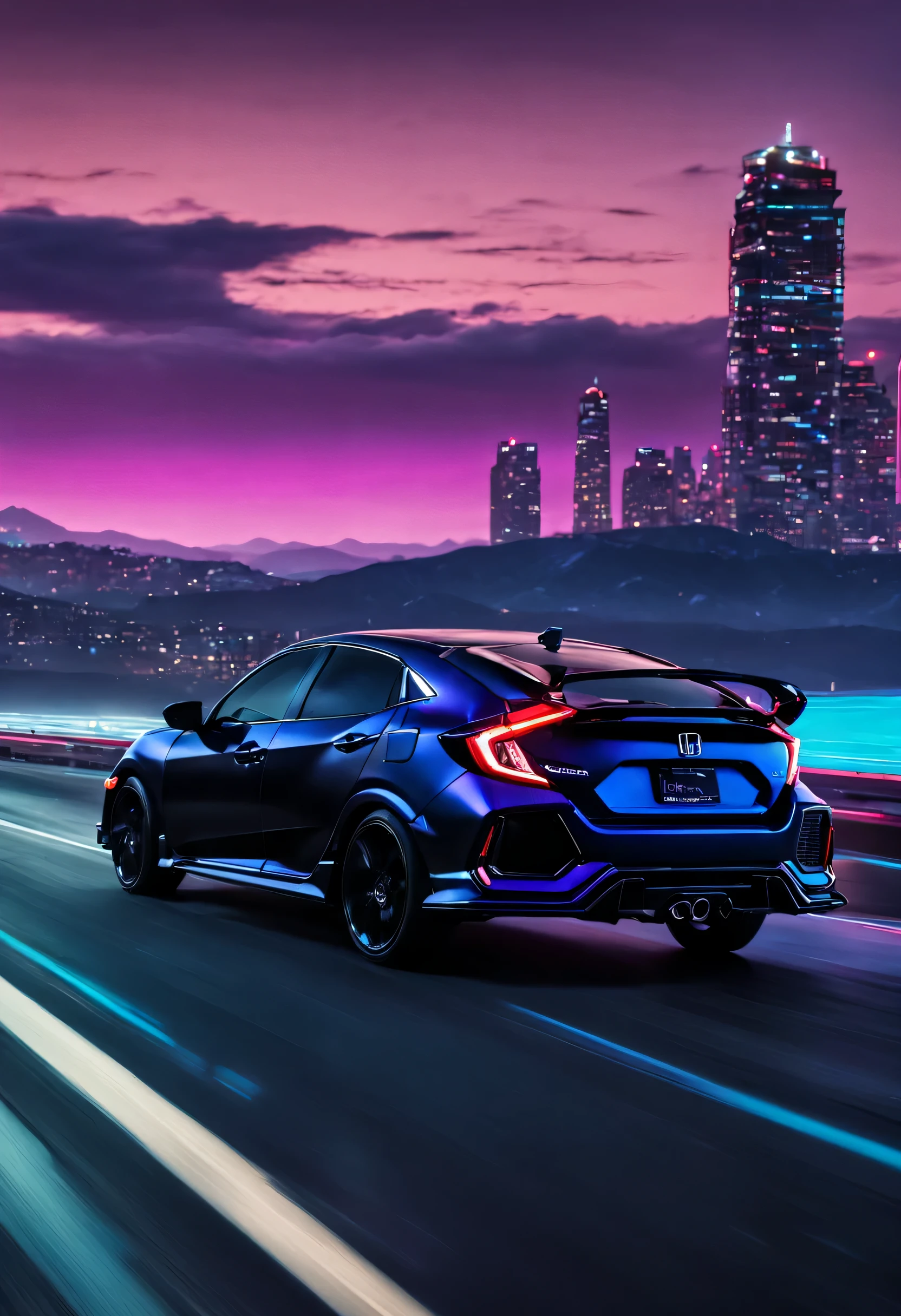Black 2020 Honda Civic Hatchback Sport, Driving away from viewpoint, Driving on empty highway, Midnight, retrowave. city, purple neon lights, mountain, (masterpiece,detailed,highres),