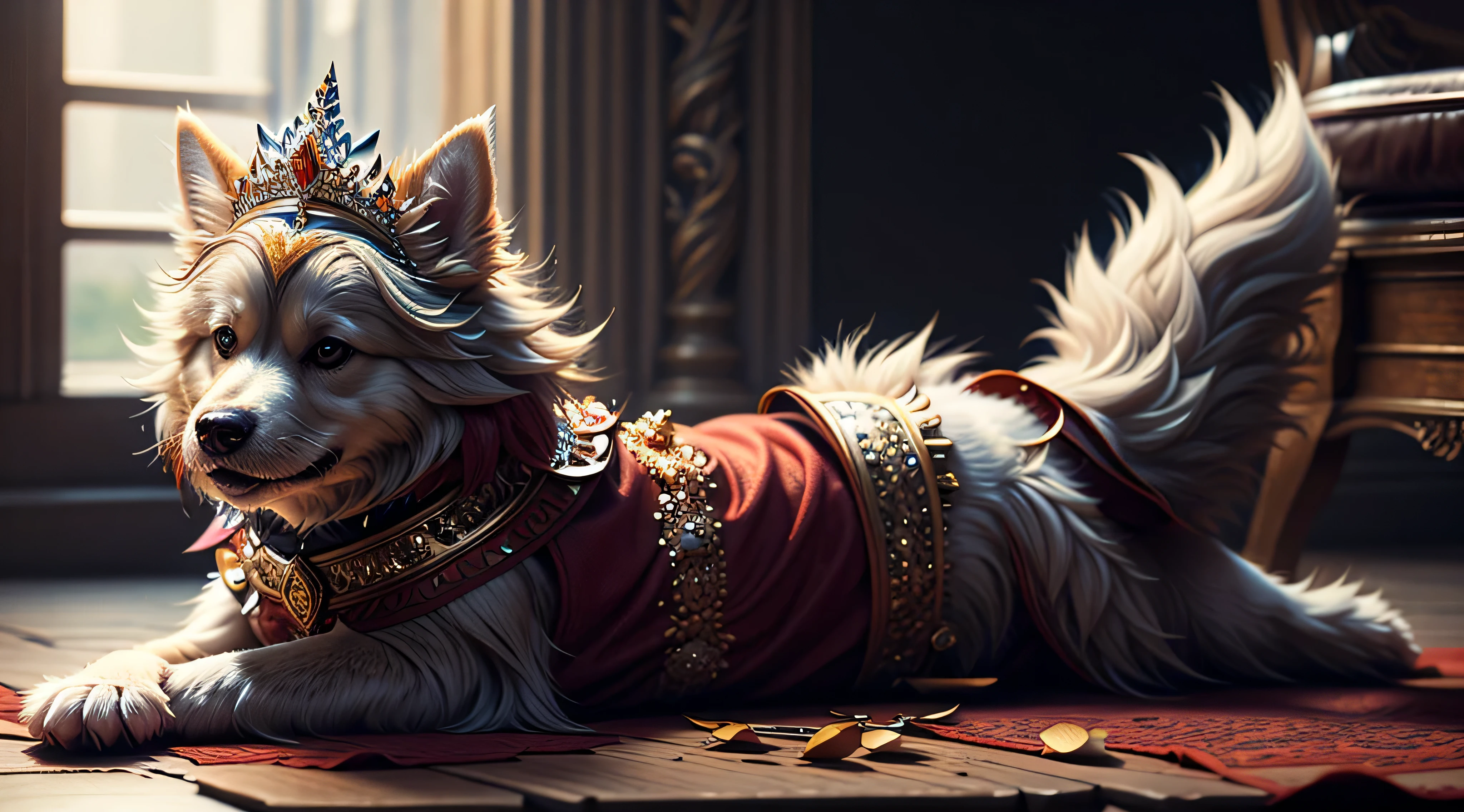 furry dog sitting, wearing a funny tiara, realistic, high quality, sharp focus, high details,