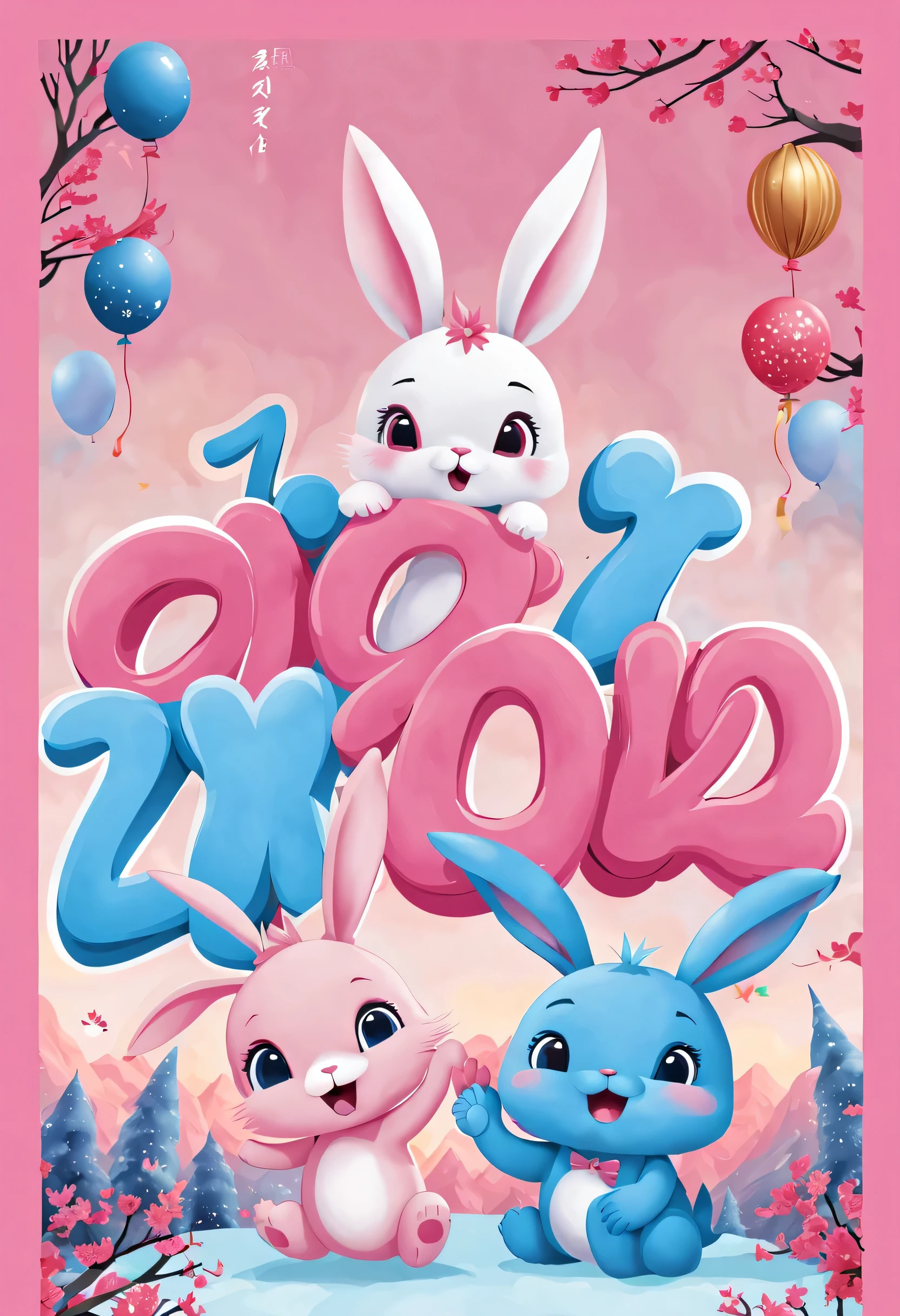 2024 年new year'new year'new year'New Year's Eve Poster Design,Pink and blue as main colors,(Cute little rabbit bids farewell to naughty dragon:1.2)