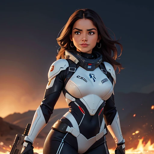 Imagem ultra realista de alta qualidade de uma mulher. The woman is a mix of Native American and Jewish. strong features, pele clara. cabelos castanhos escuros cacheados, Olhos escuros. The woman is dressed in semi-futuristic combat suits. Ela tem armas e facas amarradas pelo corpo. A mulher bonita tem um sorriso. His eyes sparkle with hatred.