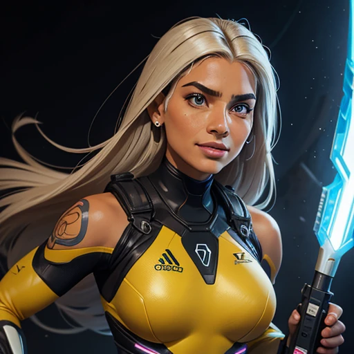Imagem ultra realista de alta qualidade de uma mulher.  The woman is a mix of Native American and Jewish.  strong features, pele clara.  cabelos castanhos escuros cacheados, Olhos escuros.  The woman is dressed in semi-futuristic combat suits.  Ela tem armas e facas amarradas pelo corpo.  A mulher bonita tem um sorriso.  His eyes sparkle with hatred.