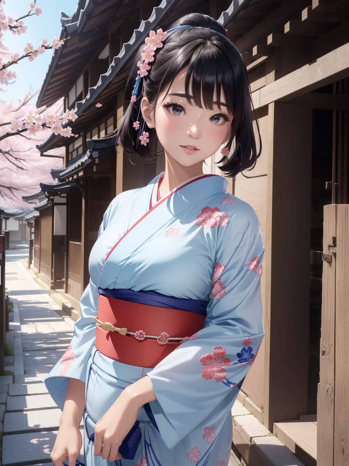 (((top-quality, in 8K,ultra-detailliert))),1girl in,a beauty girl,an ultra-Small Face、((Transparent white skin)、(Soft hair)、Beautiful flower basket、poneyTail、Ultra-thin eyebrows、An ultra-high picture quality、Wearing maiko makeup、skin whitening、long and beautiful eyelashes beautiful face, acurate, Anatomically correct, ノ Highly detailed facial and skin texture, Big eyes drawn in detail, Double eyelids, Thin eyebrows, Glitter Eyeliner: 1 Natural cheeks, Glossy skin, Breasts, fair skin, glossy skin: 1.2, (Glossy lips: 1.4),Highly detailed facial and skin texture, shredded eyes, Double eyelids, Natural cheeks, , shiny lips: 1.4,Neat and clean kimono、((Sakura light blue kimono wearing a yukata with red and blue cherry blossom pattern))、(Red and pink cherry pattern band),((Ukiyo-e style))、Kyoto Style、Kyoto Style、(Red-dyed cheeks)、perfectbody,skinny, Tied waist,Smile and watch the viewer,Stroll through Kyoto's old streets,【Not blurry,profetional lighting,Professional effects、(masutepiece: 1.3), (max resolution: 1.2), (Ultra HDTV: 1.2),octanerender, boobs fujifilm x100, Intense cinematic shots, depth of fieldsは浅く, Volumetric lighting, F/2.8, kintsugi,(8K、Raw photography、masterpiece:1.4)、(realisitic、Photorealsitic:1.37)、Shot with CineStill 800T、(極限のtop-quality:1.3)、((depth of fields:))、absurderes、(超hight resolution、extremery detailed CG、hight resolution、realisitic、ultra-detailliert、a picture、超realisitic、ultra-detailliert、Cinematic atmosphere、8K UHD、insanely detaileda、trending on artstationh、受賞歴のあるa picture、非常に詳細なa picture、hight resolution:1.5)】Don't include tags or text