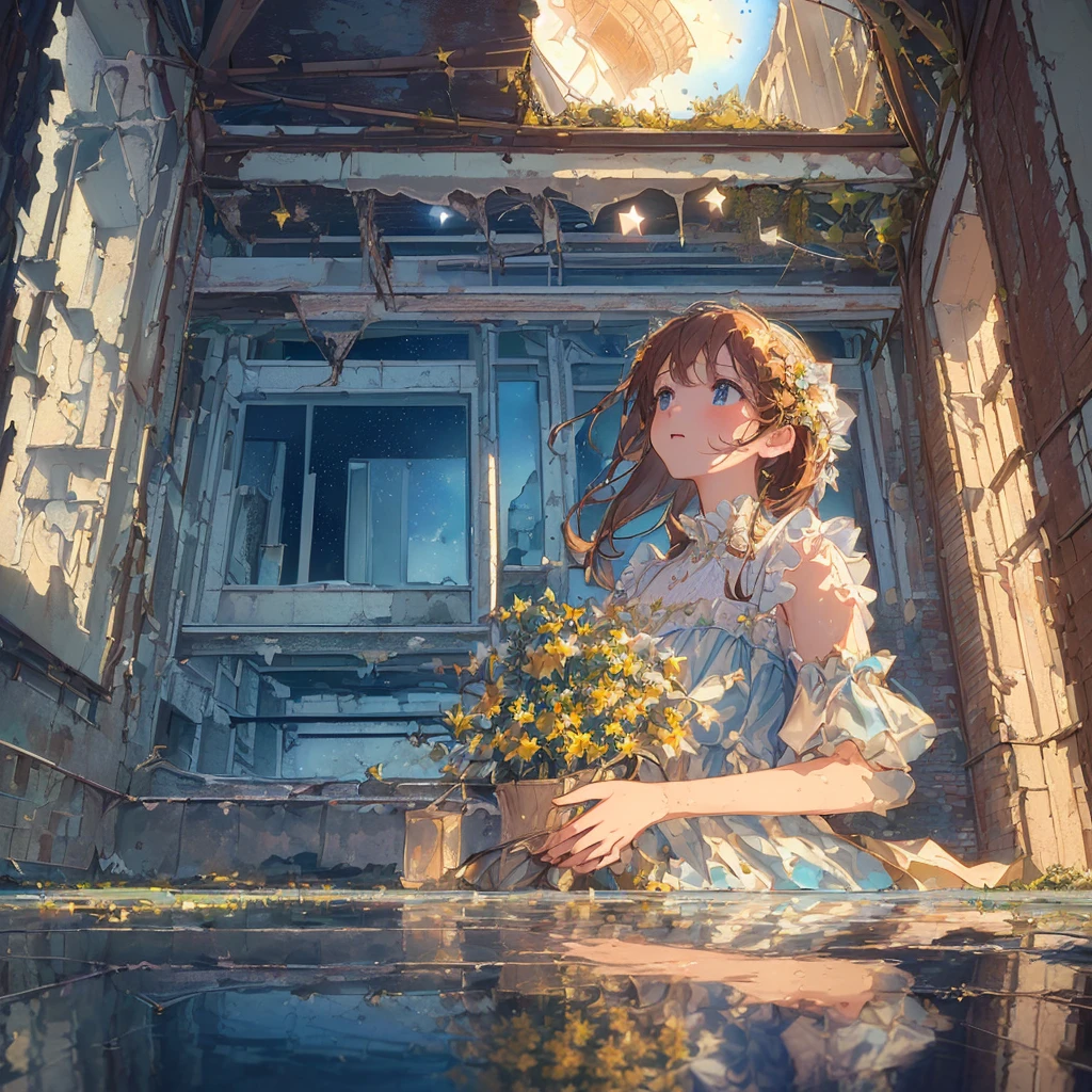 (((best, highest quality)) (((( masterpiece))), (((highest quality))), (((super detailed))), (very delicate and beautiful)), girl looking up at the sky, light like in a movie, (((water pooling in an old building and reflecting starry sky))), Milky Way, (rusty sign)), ruins, hanging ivy, summer, moon dress