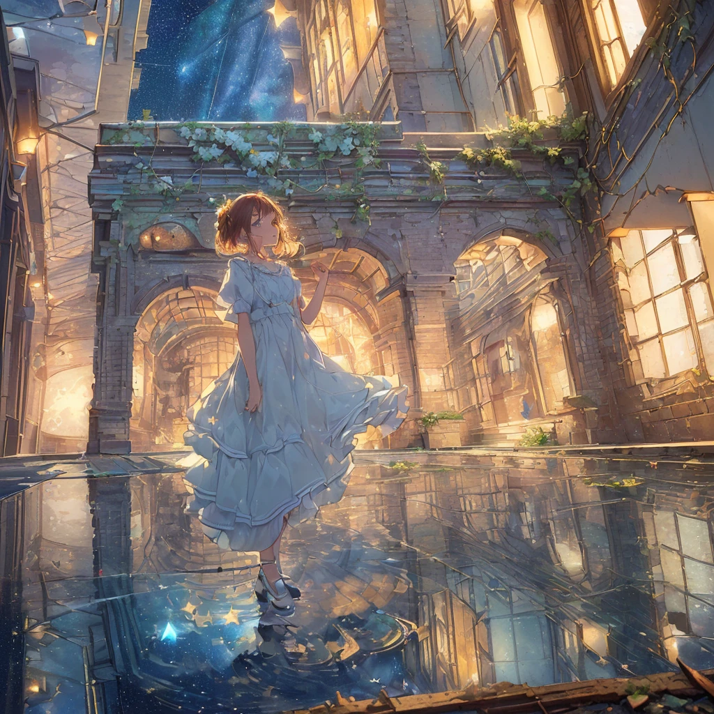 (((best, highest quality)) (((( masterpiece))), (((highest quality))), (((super detailed))), (very delicate and beautiful)), girl looking up at the sky, light like in a movie, (((water pooling in an old building and reflecting starry sky))), Milky Way, (rusty sign)), ruins, hanging ivy, summer, moon dress