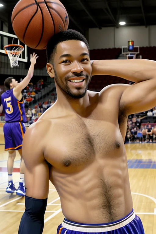 muscular basketball team, 45 years old,burly, (shirtless), speedos, ebony skin, smilling happily, playing basketball, detailed, lovely, detailed faces