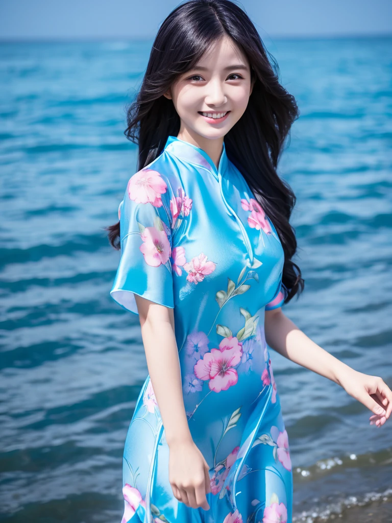 ocean blue silk colorful floral design aodai, Vietnamese girl, smile , long silky hair, Realistic lighting, delicate face, Body perfect anatomy,Top Quality, 8K Resolution , full body , realistic , real human , High quality, realistic , Cinematic, Aesthetic, beautiful girl,
