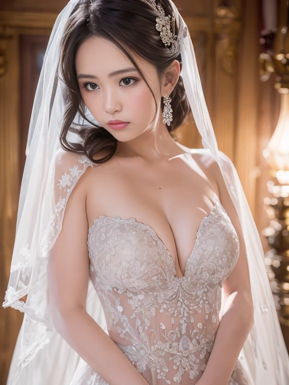 In the quiet ambiance of a first night romance, a beautiful bride stands with a seductive, yet slightly sad and worried expression on her face. The details of her enchanting eyes and delicate lips are exquisitely portrayed, catching the viewer's attention. Adorned with a see-through wedding dress, the fabric gracefully drapes her body, revealing her small breasts, which are tastefully presented. The deep V neckline of her dress accentuates her alluring charm. As the bride poses, her gentle elegance emanates from the masterpiece of this portrait. The image quality is of the highest standard, exhibiting ultra-detailed precision, capturing even the most intricate elements. The inclusion of realistic, photorealistic effects with a 1.37 enhancement further enhances the depth and authenticity of the artwork. This masterpiece is best appreciated in its full glory, with a resolution of 4k or 8k, capturing every subtle nuance and fine detail. The artist's skilled technique, akin to a professionally-shot photograph, skillfully utilizes studio lighting to accentuate the bride's grace and beauty. A soft color palette envelops the scene, enhancing the romantic atmosphere. The gentle play of light and shadows further emphasizes the bride's allure, creating a captivating ambiance. The overall composition exudes a sense of elegance and intimacy, inviting viewers to delve into the emotions and excitement of this first night romance.