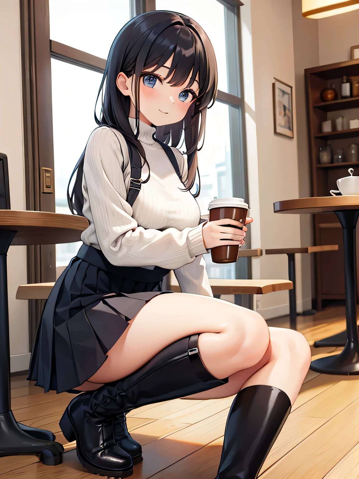 Women wear sexy knits and pleated skirts、Wearing long boots。Hairstyle shortcuts。
The place is a café。