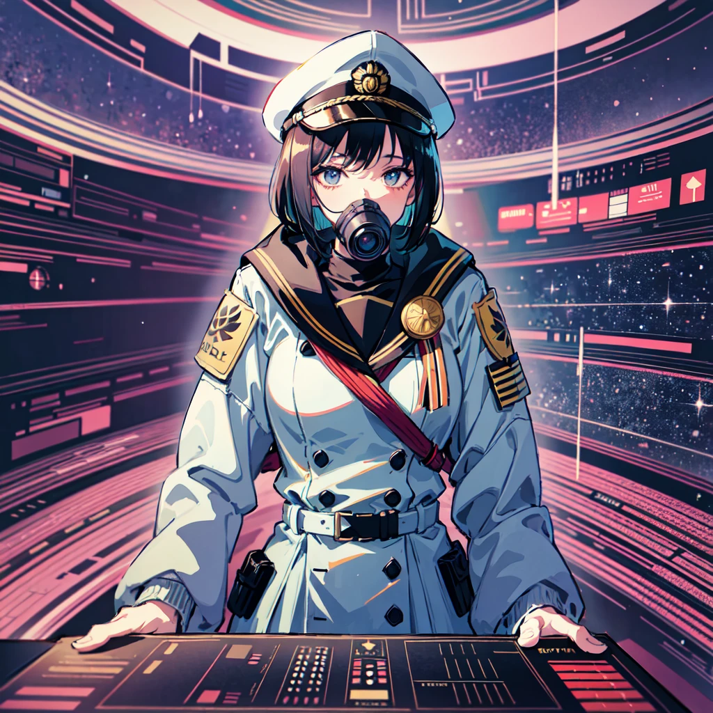 (((masterpiece、Top image quality、top-quality、highly detailed unity 8kwall-paper)))、(Illustration of one woman)、30-years old、(Viceroy)、((Black hair bob cut))、(((Gas mask covering the mouth)))、(((Gas mask covering the mouth)))、Gray eyes、((Tall))、((huge tit))、((Military uniforms))、((Military Cap))、((Military coat))、(white clothes)、(White pants)、(White cap)、trench coat、(((Inside a futuristic spaceship、Surrounded by instruments and monitors、The Universe on the Monitor、Earth seen from space)))
