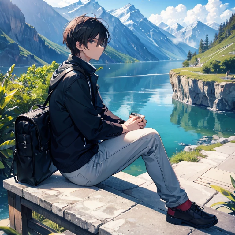 A cool man is sitting in casual clothes in front of a beautiful scenery