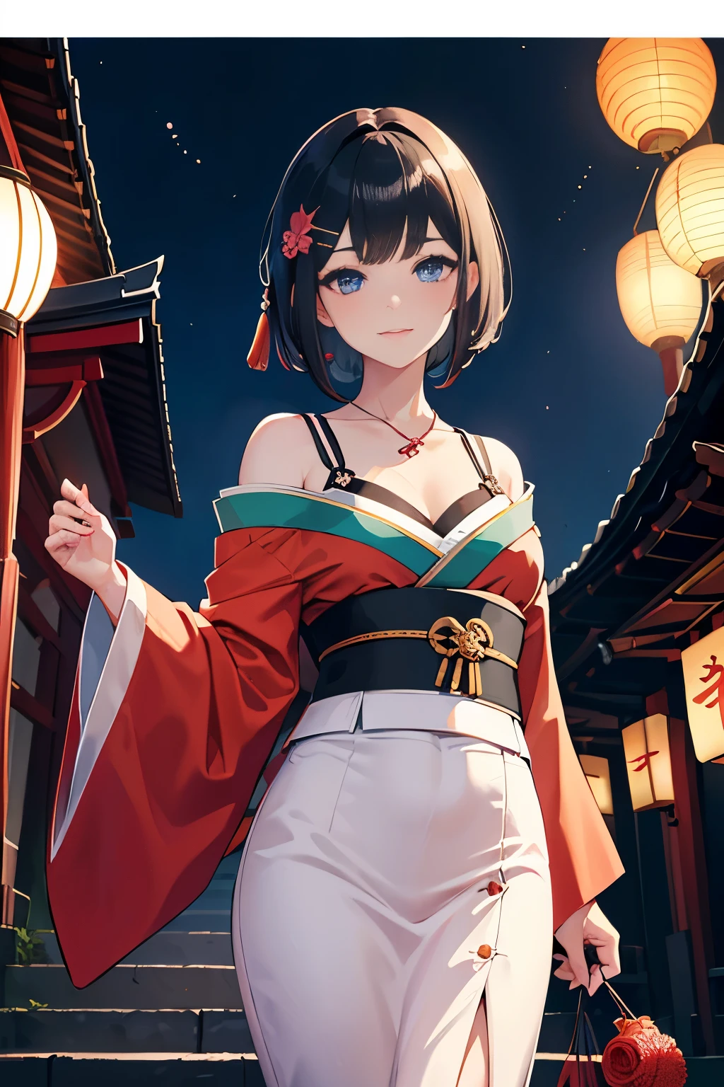 (Masterpiece:1.2, high quality), (absurdres:1.2), (pixiv:1.4), (1girl:1.2), (solo:1.2), (smile:0.8), blush, beautiful caucasian woman, (mature), symmetric face, bob cut with side fringes, bangs, black hair, hair clip, crystal blue eyes, (detailed eyes), double eyelids, dark eyeshadow, pale pink lips, smile, collarbone, off-shoulder kimono, red kimono, cleavage, slim waist, body curves, dynamic pose, going down stairs, street, steet view, trees, aesthetic outdoors, dawn sky, japanese theme, japanese temple, night view, fireworks, fireworks in sky, night sky, lantern rite, lanterns, lantern street, ultra detailed, extra details, (highres:1.2), HD, 8k, 1080, vivid colors, dim lighting, intrinsic detaillurry_background:1.2), highly focused face, (detailed face)