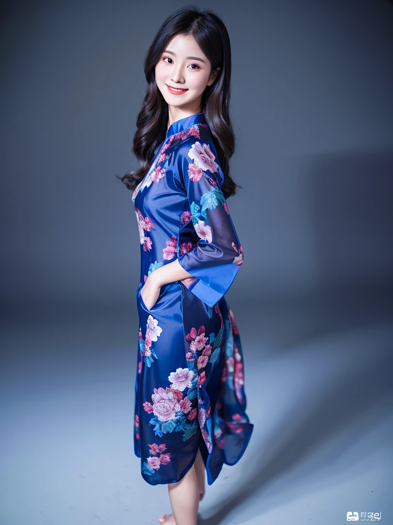 dark blue silk colorful floral design aodai, Vietnamese girl, smile , long silky hair, Realistic lighting, delicate face, Body perfect anatomy,Top Quality, 8K Resolution , full body , realistic , real human , High quality, realistic , Cinematic, Aesthetic, beautiful girl,