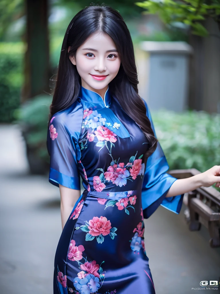 dark blue silk colorful floral design aodai, Vietnamese girl, smile , long silky hair, Realistic lighting, delicate face, Body perfect anatomy,Top Quality, 8K Resolution , full body , realistic , real human , High quality, realistic , Cinematic, Aesthetic, beautiful girl,