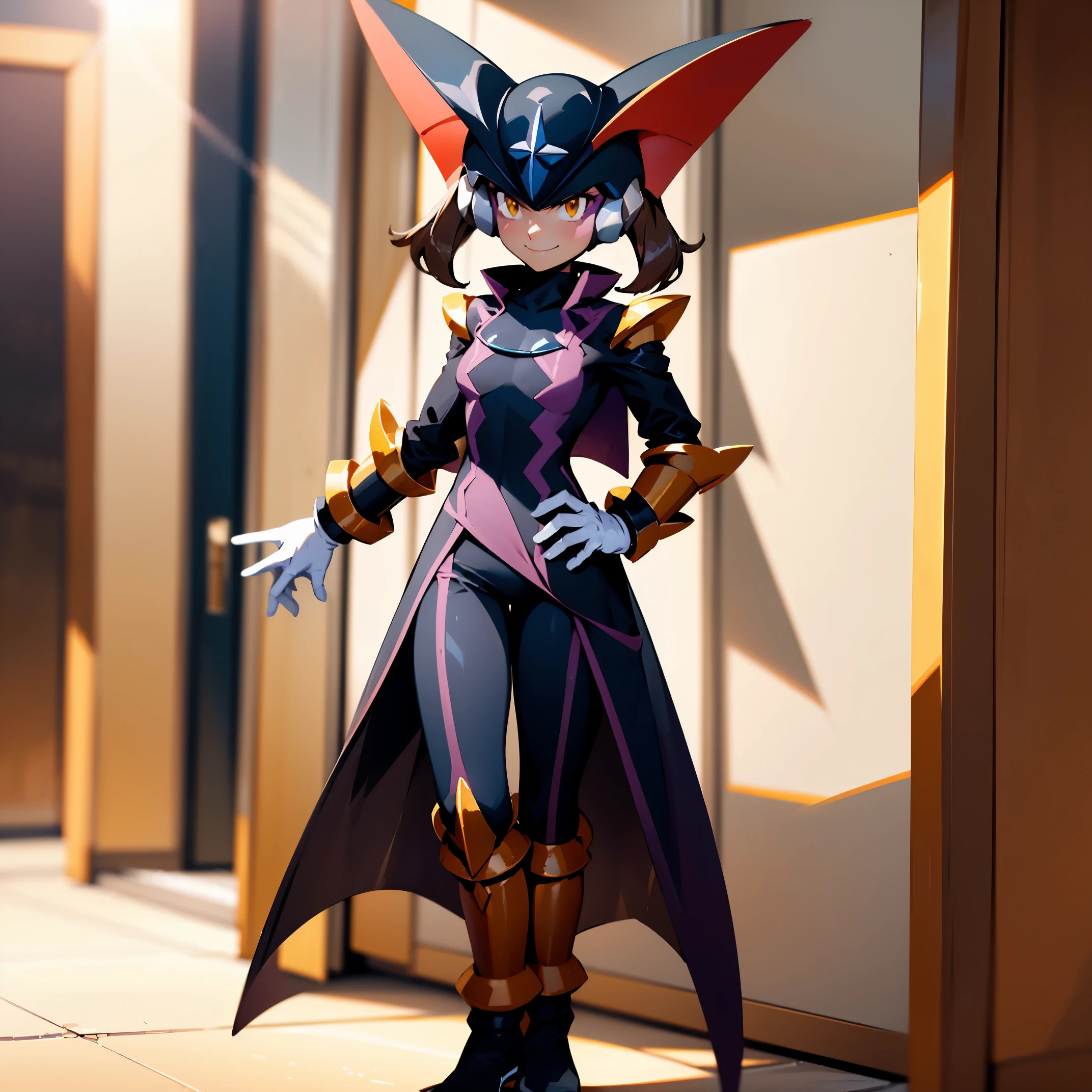 (High resolution, Best quality, Extreme definition, High quality, 8k, 4k, UHD, highly detailed) May from pokemon wearing bass.exe armor, with heavy black armor plates with purple trim. Heavy yellow bracers are bolted to her arms and legs, as heavy black boots and white gloves are fitted neatly to her body. Over this armor she wears her signature red jacket, which now compliments May’s new helmet. Her armored red biker jacket, now open, reveals the fur inside. Her new metallic outfit glistens in the light, reflecting May’s surroundings. May’s face now confidently looks at the viewer, with a closed smile encoding her confidence, eyes intrigued by what the viewer thinks of her outfit. Her helmet is tightly fitted, intricately detailed with red panel work as her long brown hair flows down to her knees. Her heavily armored and styled outfit has a large belt, with heavily armored segments along it, with heavy-duty belt buckle fastening it tightly. Her