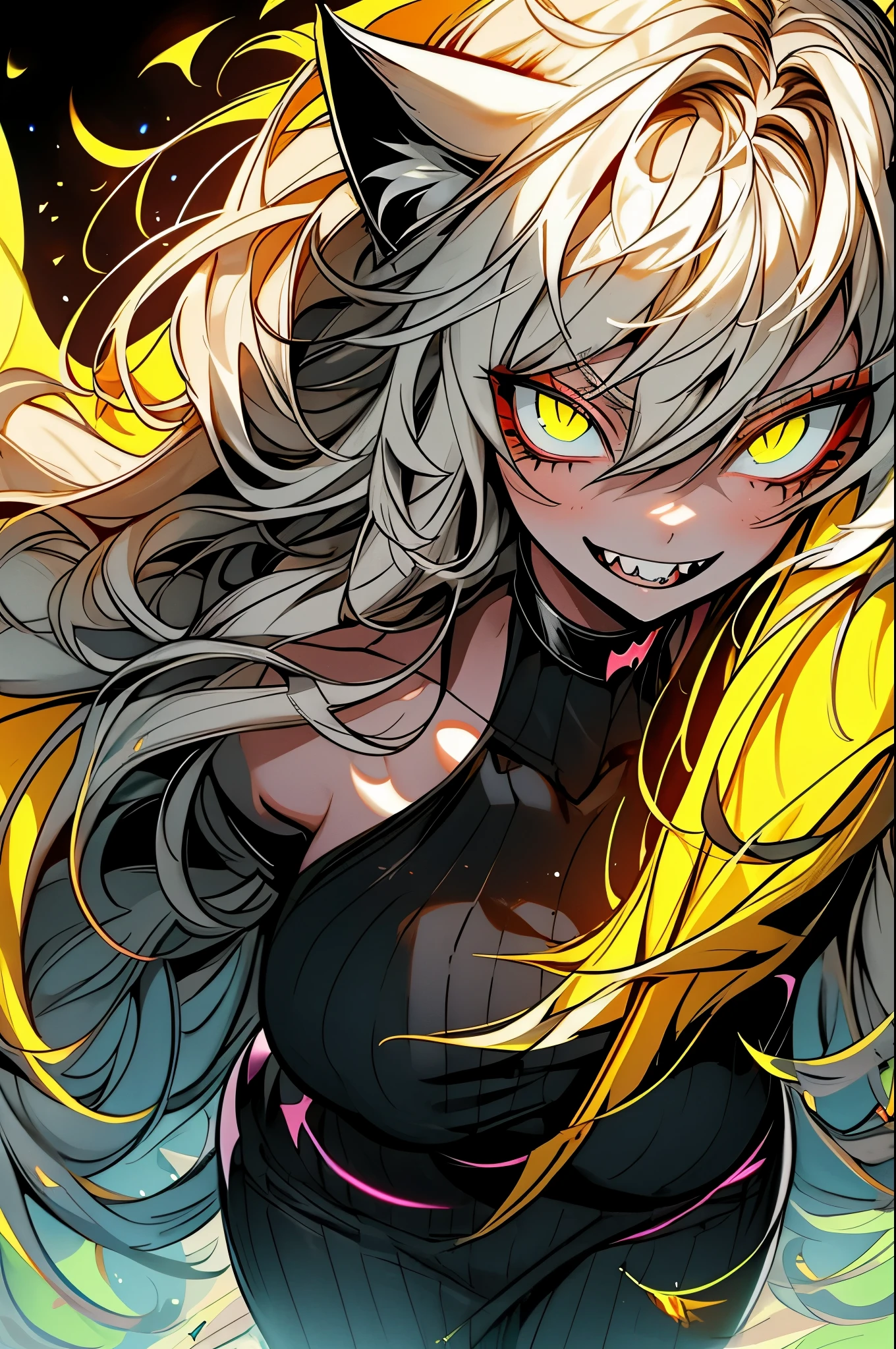A young woman with cat ears, eyes, and sharp canine teeth,and with glowing yellow eyes. Striding towards the camera. Arms extended as she reaches for the camera with an open and loving embrace. Long and voluminous flowing hair. Blond hair. Smiling brightly. Glowing particle lights flying in the wind. Bold lines. Lovely and bright magical forest. Art style of Arthenin.