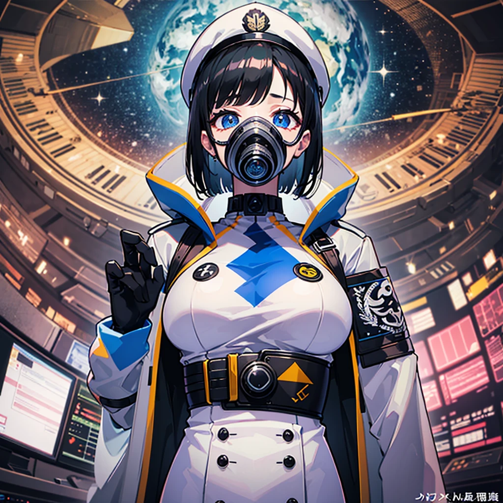 (((masterpiece、Top image quality、top-quality、highly detailed unity 8kwall-paper)))、(Illustration of one woman)、30-years old、(Viceroy)、((Black hair bob cut))、(((Gas mask covering the mouth)))、(((Gas mask covering the mouth)))、Gray eyes、((Tall))、((huge tit))、((Military uniforms))、((Military Cap))、((Military coat))、(white clothes)、(White pants)、(White cap)、trench coat、(((Inside a futuristic spaceship、Surrounded by instruments and monitors、The Universe on the Monitor、Earth seen from space)))