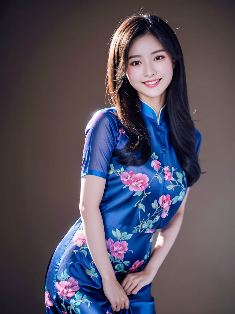 dark blue silk colorful floral design aodai, Vietnamese girl, smile , long silky hair, Realistic lighting, delicate face, Body perfect anatomy,Top Quality, 8K Resolution , full body , realistic , real human , High quality, realistic , Cinematic, Aesthetic, beautiful girl,