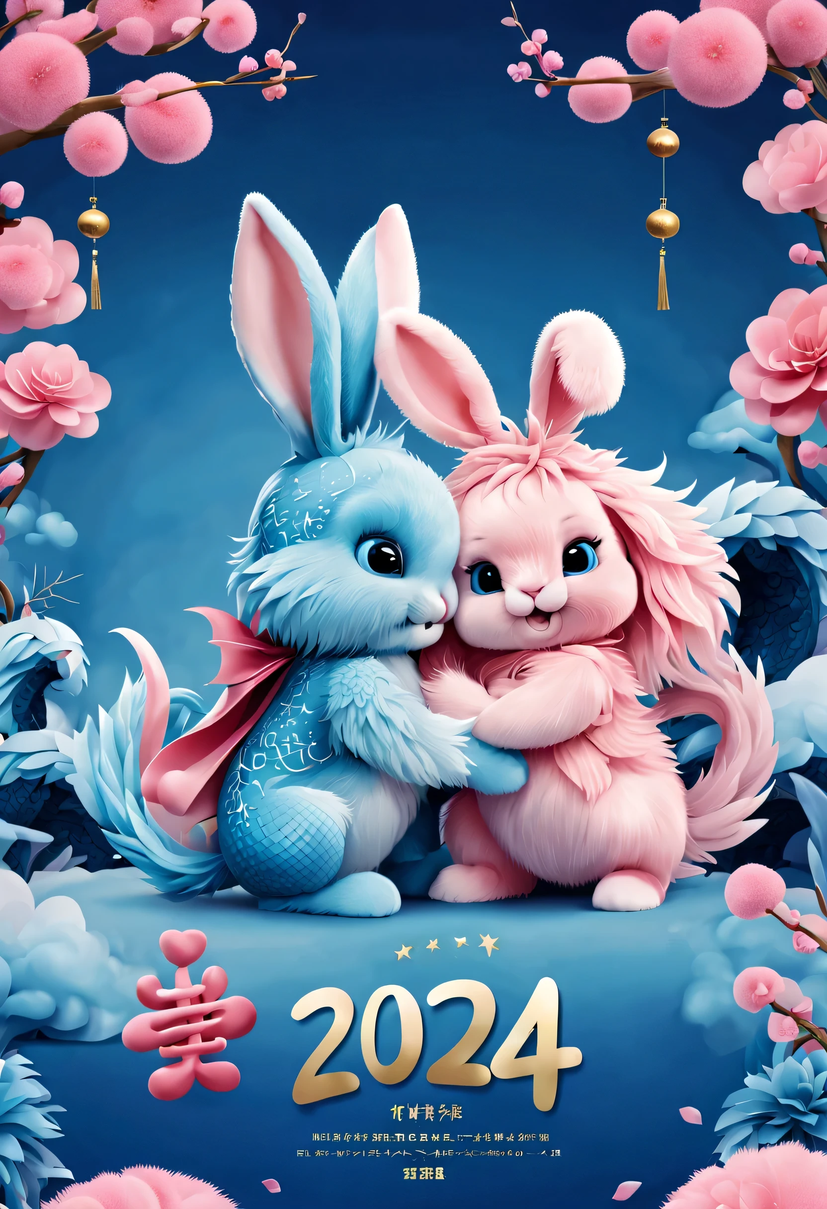 2024 年new year&#39;new year&#39;new year&#39;new year&#39;new year&#39;New Year&#39;s Eve Poster Design，Pink and blue as main colors，(Cute fluffy bunny hugs playful blue Chinese dragon baby：1.23）,2024，