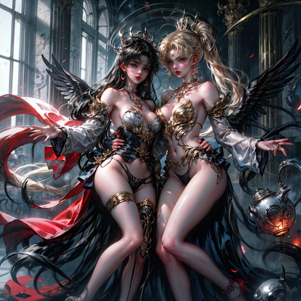 Two girls having close contact, 性感's, cropped shoulders, 性感's pose, window, 后窗's光线是背光's, (rim-light), 深刻's理解, lust, 's, Very shy, ( Reflector light), long leg breasts), 纤细's腰身, 完美's身材, 完美's手, 金色's头发, purity, Red belt, jewely, choker necklace, ear nipple ring, tiara crown, bookshelves, teapot, low light photography, Two girls having close contact, 两个美丽's白人女孩's特写镜头, 两具完整's女性身体, Complete two female bodies, crotch chuck, big chest and thin waist: 1.8, Glow skin, Hardly any clothes, Lop, 漂亮's脸, sexually arousing, sexual expressio, Hazy beauty, Camel toes, 解剖学上正确's, big chest and thin waist: 1.8, Full body lesbian, 纤细's腿和腰,Focus sharp,Bones are straight'Ace Focus,正确's身体解剖结构,完美's解刨学,Anime figure,巨大's胸