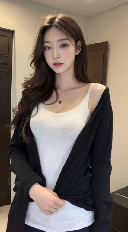 A woman with the same face as last time,4K、1Man Woman、A slender、 Loose wavy styling, Ecstatic expression,Warm, Open V chest clothes, hazy, A sexystyle, a gorgeous, young graceful, A sexy、 perfectly proportions, 、captivating and enticing、FULL BODYSHOT、Including face and skin texture.,Detailed eyes、Seducting look