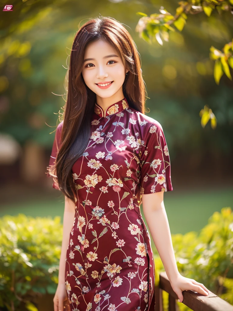 maroon colorful floral design aodai, Vietnamese girl, smile , long silky hair, Realistic lighting, delicate face, Body perfect anatomy,Top Quality, 8K Resolution , full body , realistic , real human , High quality, realistic , Cinematic, Aesthetic, beautiful girl,