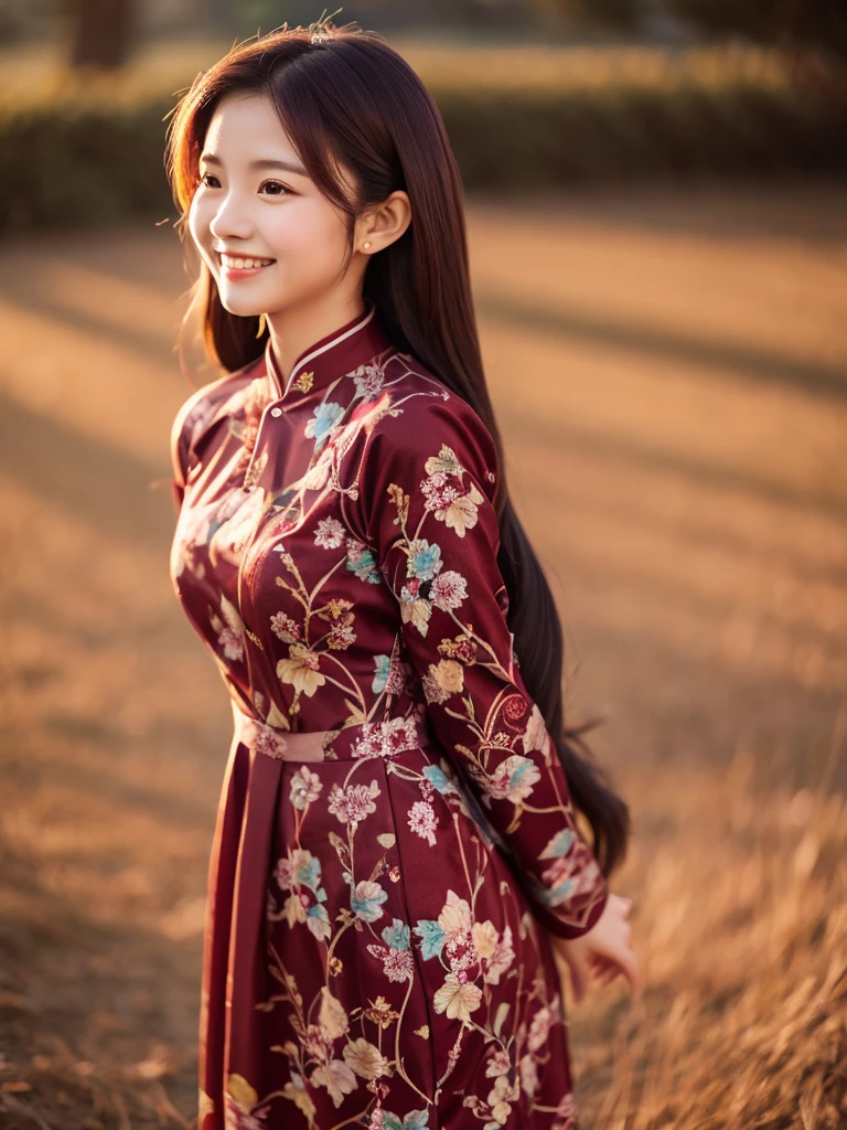 maroon colorful floral design aodai, Vietnamese girl, smile , long silky hair, Realistic lighting, delicate face, Body perfect anatomy,Top Quality, 8K Resolution , full body , realistic , real human , High quality, realistic , Cinematic, Aesthetic, beautiful girl,