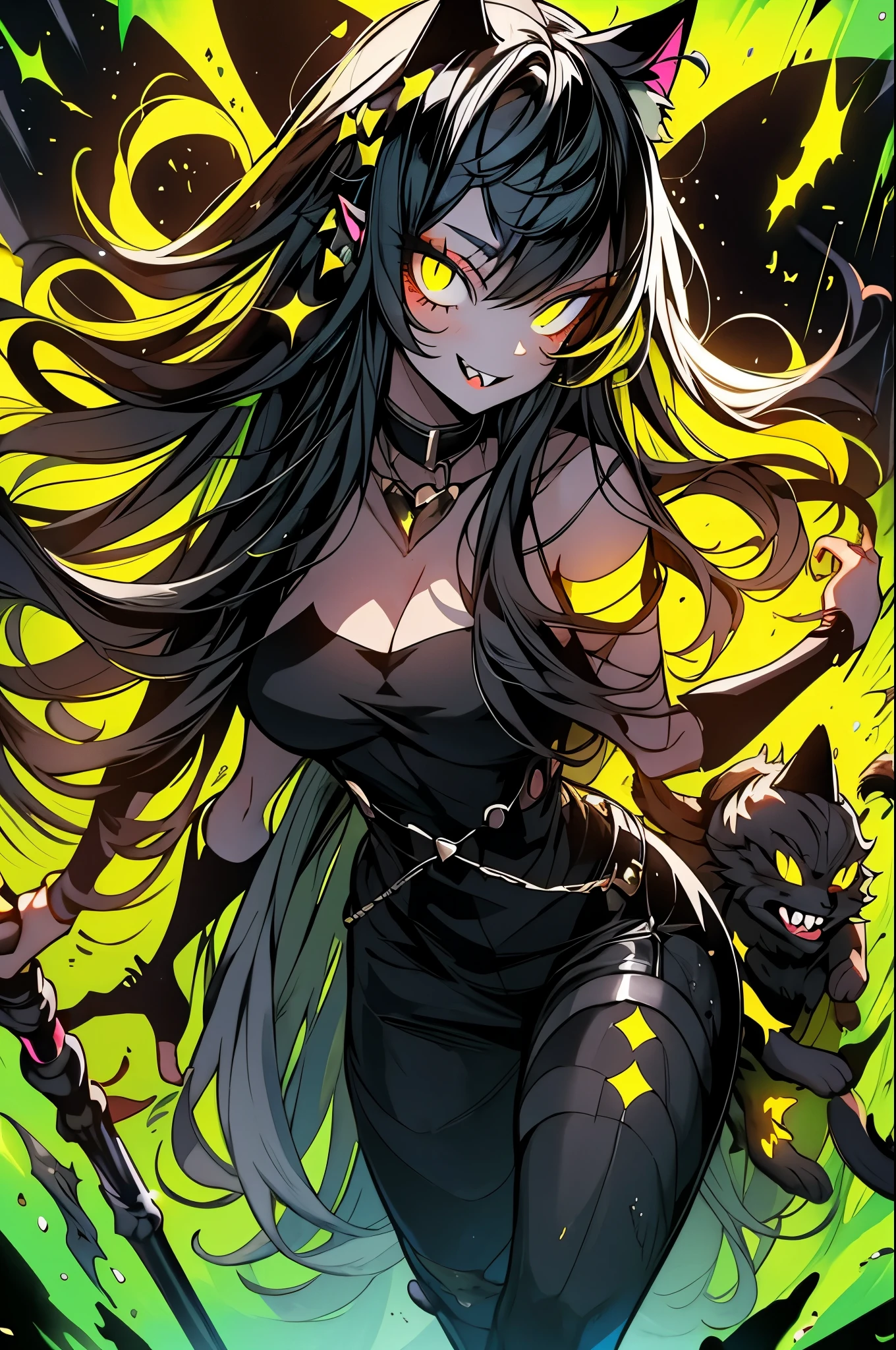 A young woman with cat ears, eyes, and sharp canine teeth,and with glowing yellow eyes. Striding towards the camera. Arms extended as she reaches for the camera with an open and loving embrace. Long and voluminous flowing hair. Blond hair. Smiling brightly. Glowing particle lights flying in the wind. Bold lines. Lovely and bright magical forest. Art style of Arthenin.