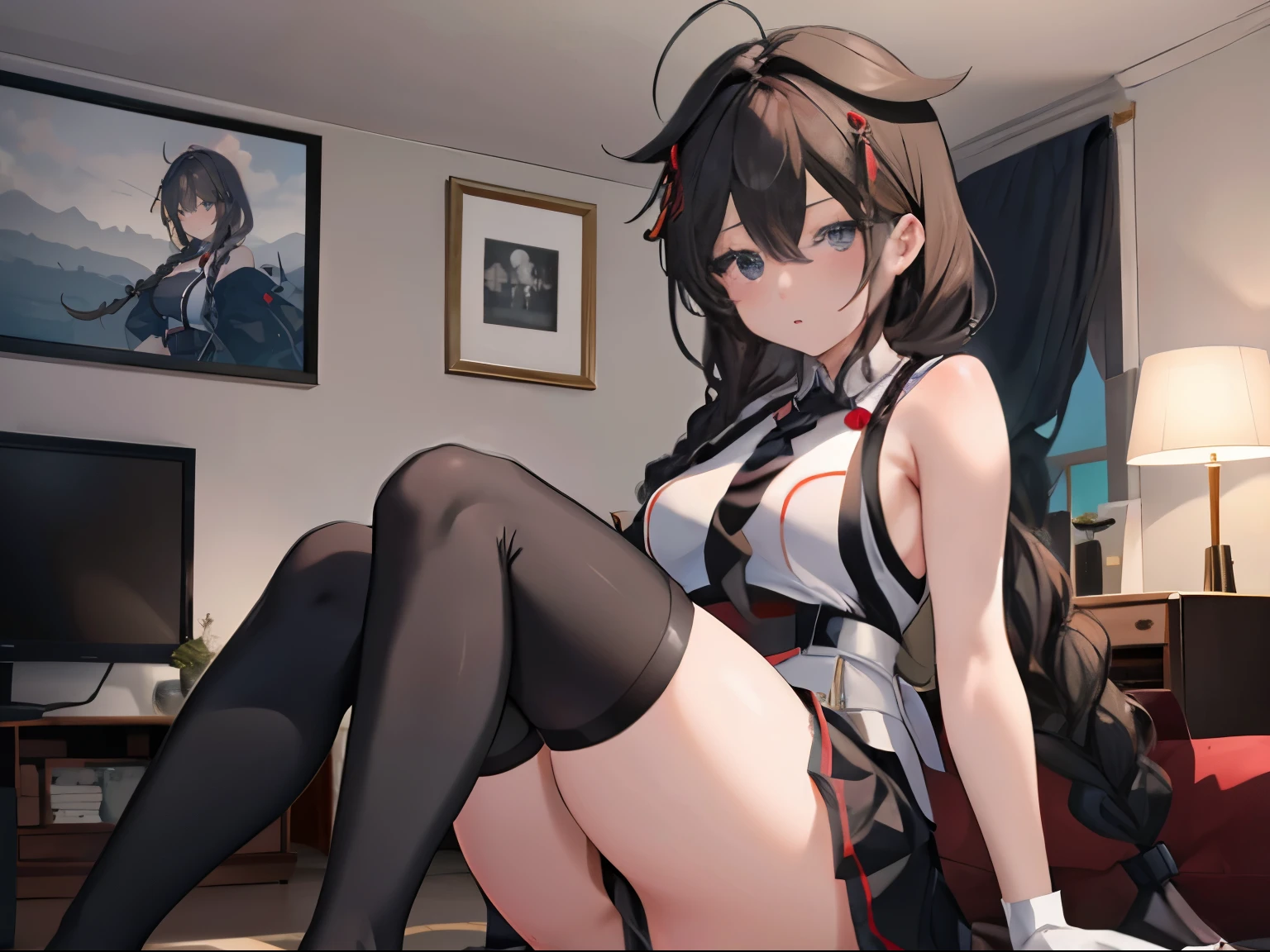 Shigure Kai 3 KanColle Sleeveless Black Thimble Gloves Black Skirt Braid 8K High Resolution Very Fine Eyes Very Fine Face、Insanely detailed body、Extremely fine skin, very elaborate hair ornament, Precisely shaped body and hands 1 person Living room in a private house 妖艶な表情 big bust