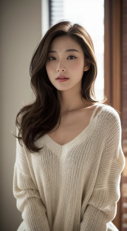 A woman with the same face as last time,4K、1Man Woman、A slender、 Loose wavy styling, Ecstatic expression,Warm, Open V chest clothes, hazy, A sexystyle, a gorgeous, young graceful, A sexy、 perfectly proportions, 、captivating and enticing、FULL BODYSHOT、Including face and skin texture.,Detailed eyes、Seducting look