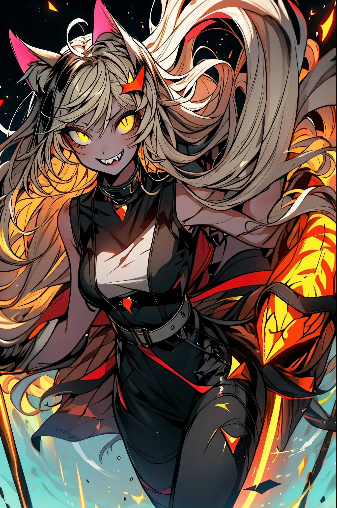 A young woman with cat ears, eyes, and sharp canine teeth,and with glowing yellow eyes. Striding towards the camera. Arms extended as she reaches for the camera with an open and loving embrace. Long and voluminous flowing hair. Blond hair. Smiling brightly. Glowing particle lights flying in the wind. Bold lines. Lovely and bright magical forest. Art style of Arthenin.