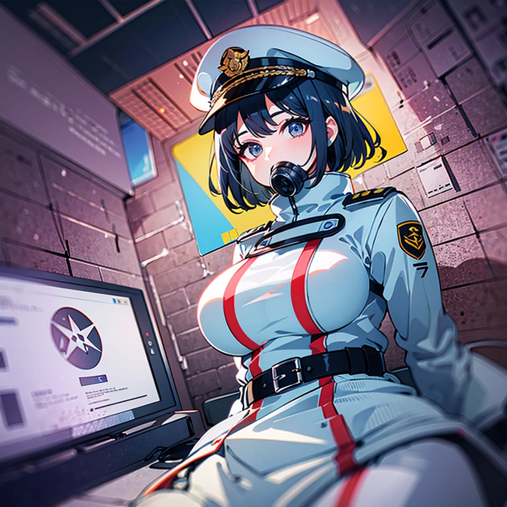 (((masterpiece、Top image quality、top-quality、highly detailed unity 8kwall-paper)))、(Illustration of one woman)、30-years old、(Viceroy)、((Black hair bob cut))、(((Gas mask covering the mouth)))、(((Gas mask covering the mouth)))、Gray eyes、((Tall))、((huge tit))、((Military uniforms))、((Military Cap))、((Military coat))、(white clothes)、(White pants)、(White cap)、trench coat、(((Inside a futuristic spaceship、Surrounded by instruments and monitors、The Universe on the Monitor、Earth seen from space)))