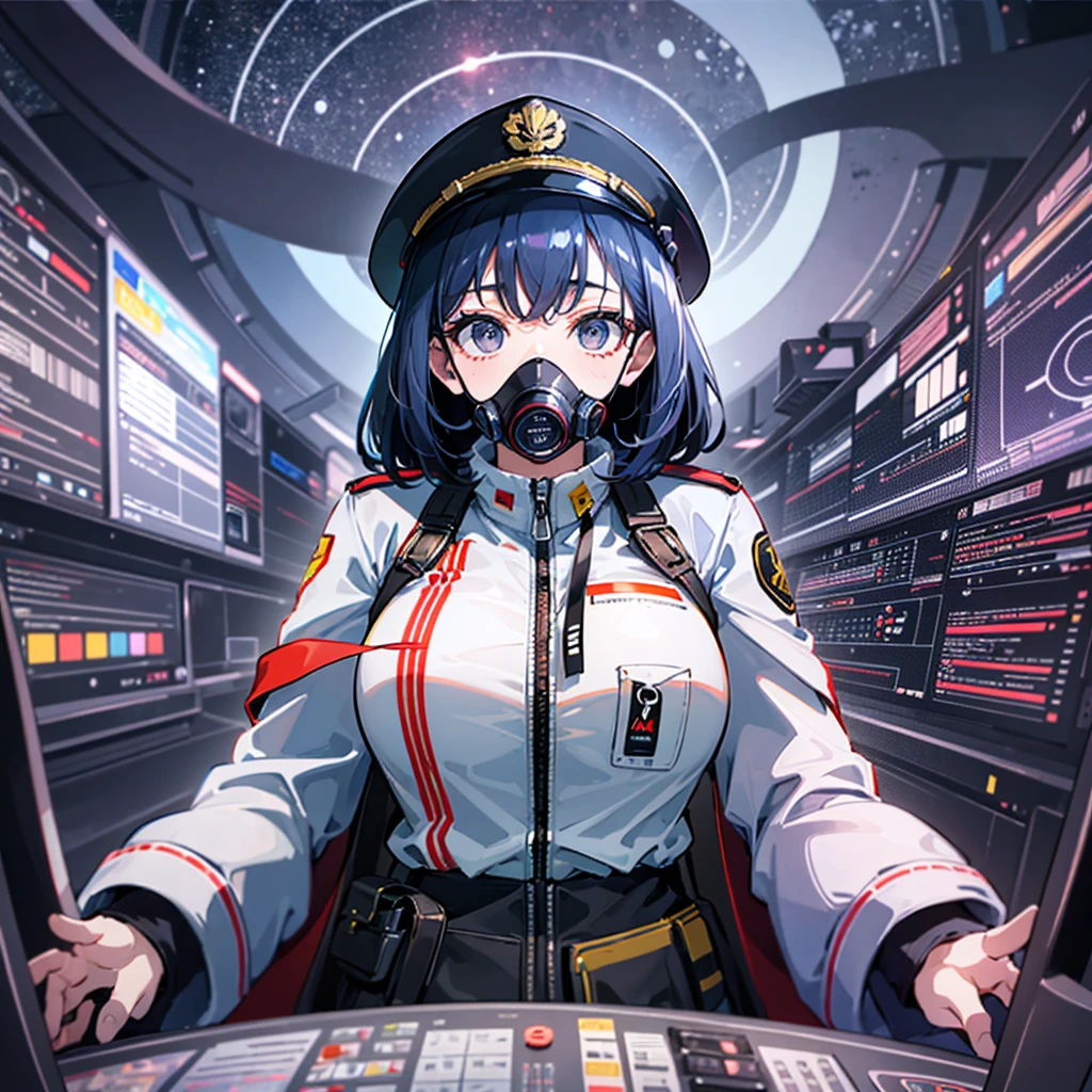 (((masterpiece、Top image quality、top-quality、highly detailed unity 8kwall-paper)))、(Illustration of one woman)、30-years old、(Viceroy)、((Black hair bob cut))、(((Gas mask covering the mouth)))、(((Gas mask covering the mouth)))、Gray eyes、((Tall))、((huge tit))、((Military uniforms))、((Military Cap))、((Military coat))、(white clothes)、(White pants)、(White cap)、trench coat、(((Inside a futuristic spaceship、Surrounded by instruments and monitors、The Universe on the Monitor、Earth seen from space)))