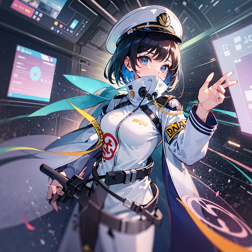 (((masterpiece、Top image quality、top-quality、highly detailed unity 8kwall-paper)))、(Illustration of one woman)、30-years old、(Viceroy)、((Black hair bob cut))、(((Gas mask covering the mouth)))、(((Gas mask covering the mouth)))、Gray eyes、((Tall))、((huge tit))、((Military uniforms))、((Military Cap))、((Military coat))、(white clothes)、(White pants)、(White cap)、trench coat、(((Inside a futuristic spaceship、Surrounded by instruments and monitors、The Universe on the Monitor、Earth seen from space)))