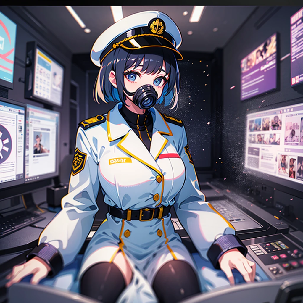 （（（​masterpiece、Top image quality、top-quality、highly detailed unity 8ｋwall-paper）））、（Illustration of one woman）、30-years old、（Viceroy）、（（Black hair bob cut））、（（（Gas mask covering the mouth）））、（（（Gas mask covering the mouth）））、Gray eyes、（（Tall））、（（huge tit））、（（Military uniforms））、（（Military Cap））、（（Military coat））、（white  clothes）、（White pants）、（White cap）、trench coat、（（（Inside a futuristic spaceship、Surrounded by instruments and monitors、The Universe on the Monitor、Earth seen from space）））