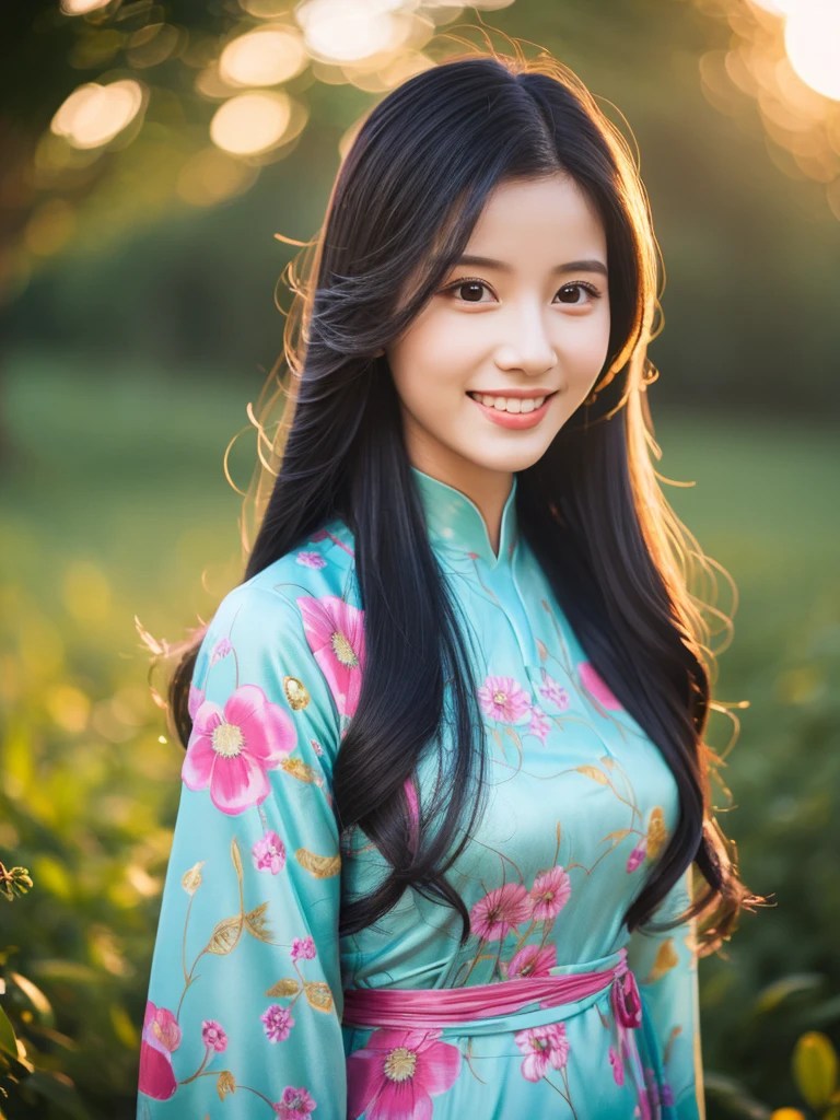 turqoise colorful floral design aodai, Vietnamese girl, smile , long silky hair, Realistic lighting, delicate face, Body perfect anatomy,Top Quality, 8K Resolution , full body , realistic , real human , High quality, realistic , Cinematic, Aesthetic, beautiful girl,