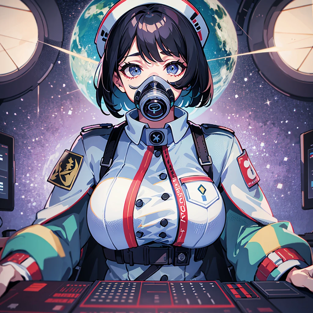 (((masterpiece、Top image quality、top-quality、highly detailed unity 8kwall-paper)))、(Illustration of one woman)、30-years old、(Viceroy)、((Black hair bob cut))、(((Gas mask covering the mouth)))、(((Gas mask covering the mouth)))、Gray eyes、((Tall))、((huge tit))、((Military uniforms))、((Military Cap))、((Military coat))、(white clothes)、(White pants)、(White cap)、trench coat、(((Inside a futuristic spaceship、Surrounded by instruments and monitors、The Universe on the Monitor、Earth seen from space)))