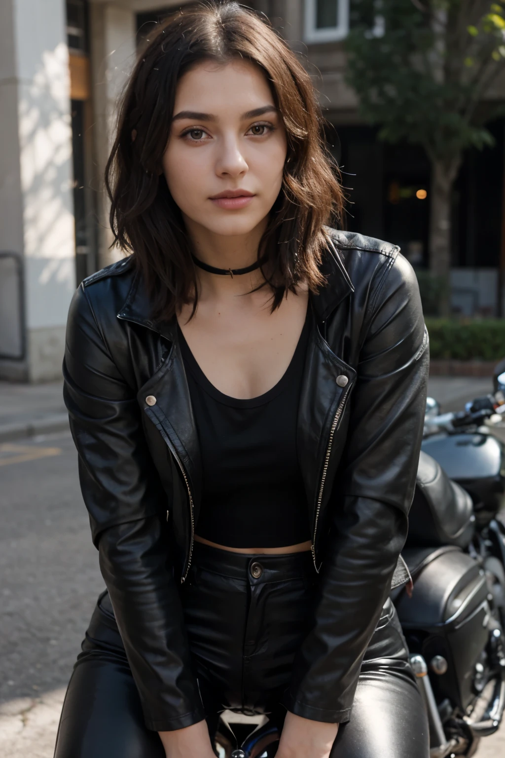 Beautiful girl with short black men's hair, black thin leather jacket over black t-shirt, black tight leather pants, leaning on a black motorcycle, great lighting, sunlight shining on her face during the day, with make up
